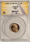 👀 1909 VDB Red-Brown Lincoln Wheat Copper Cent 1C ANACS MS 63 RB (mostly RED)