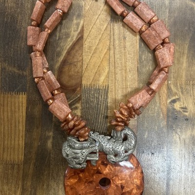 18.75  Orange Stone Layered Chunky Necklace Chinese Dragon Pendant 