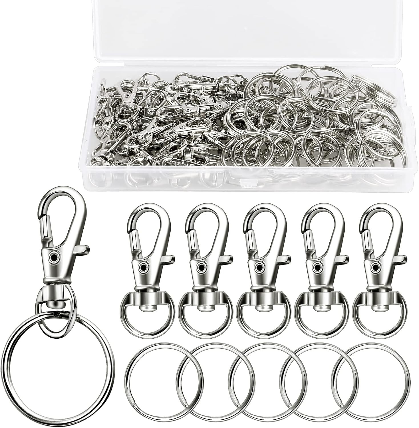 100Pcs Lobster Clasps & Key Rings Set – Silver Hooks for Crafts & Jewelry