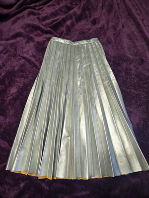Zara Girls Silver Metallic Pleated Midi Faux Leather Skirt Pull-On 13-14