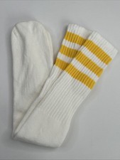 VTG Tube Socks Cushion 80s Acrylic Blend White Yellow Striped 19  USA Made OSFA