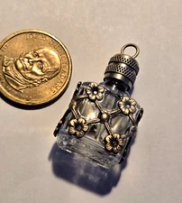 Vintage Ornate Silver Tone Mini Perfume Bottle PENDANT Glass Dauber #1797