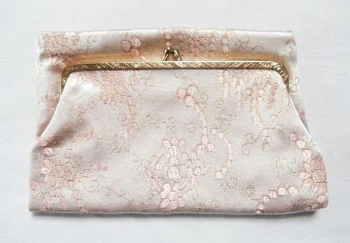 Bolso de Maquillaje Doble Cara Tela Brocado Rosa Ostra Años 50 De Colección Nuevo sin Etiquetas