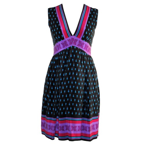 Anna Sui, Vintage Anna Sui Silk V-neck Tunic Dress Bohemian Sari Print Sz 6 Black & Purple
