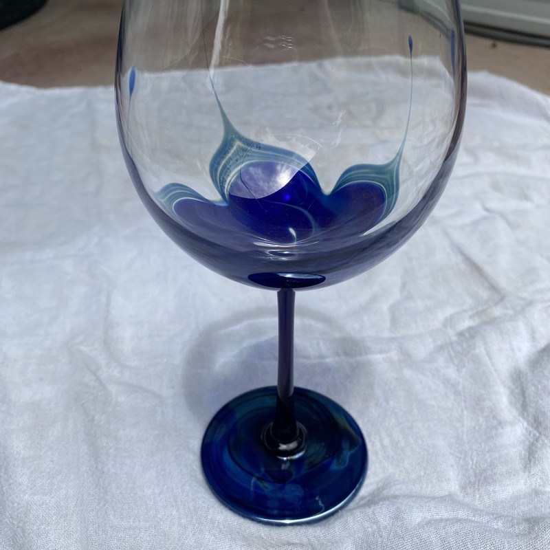 RANDY STRONG STUDIO ART GLASS BLUE PULLED FEATHER WINE GOBLET 1984 signed/dated