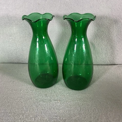 Vintage 50's Anchor Hocking Forest Green Glass 6 1/2" Crimped Vases Lot 2