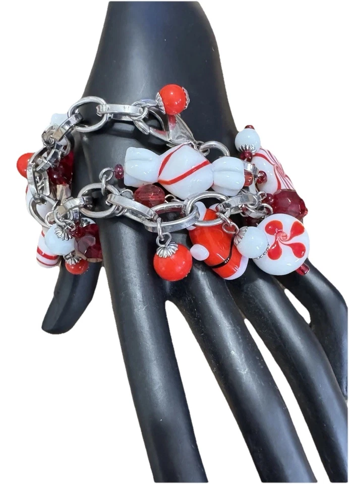 Christmas Bracelet Santa Candy Peppermint Glass Beaded Chunky Silver Tone 8 Inch Foto 2 de 4