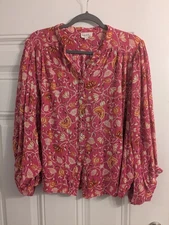 Nicole Miller Pink Peasant Floral Tunic Boxy 3/4 Bat Sleeve Size L