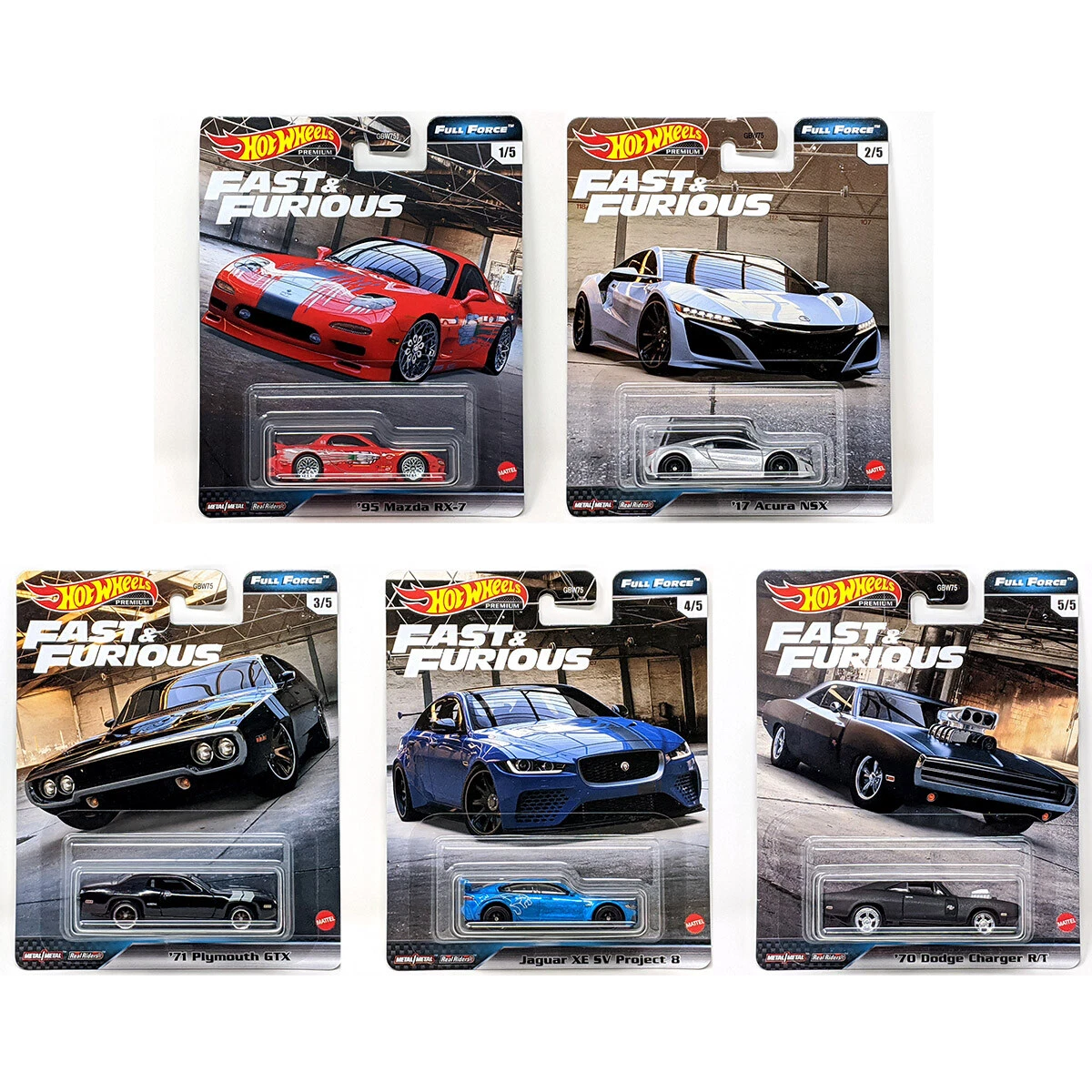 Hot Wheels Fast & Furious Premium Bundle of 5 1:64 Scale Toy Cars Inspired  By Fast Films 