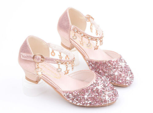 Festliche Kinder Mädchen Schuhe Absatz Glitzer Hochzeit Party Prinzessin Schuhe - Bild 6 von 37