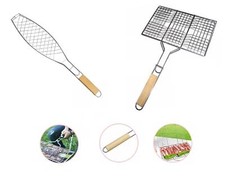 BBQ Mesh Grill Basket Rack Barbecue Handle Steak Meat Fish Veg Holder Tools