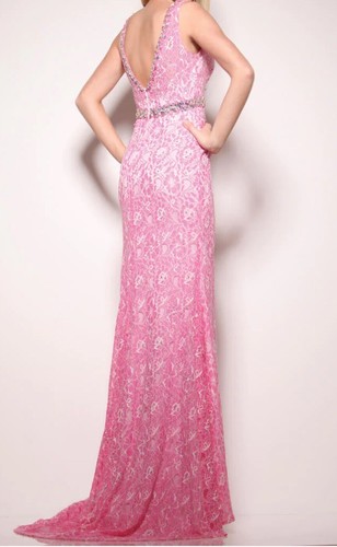Vienna Prom Long Lace Gown Pink AB Crystal Accent Waist Size 10 NWT - Picture 2 of 10