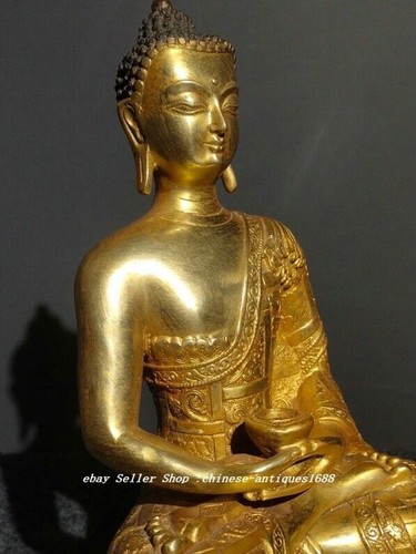 11''Old Tibet Bronze Gilt Lotus Shakyamuni Sakyamuni Amitabha Buddha Bowl Statue - Picture 3 of 9