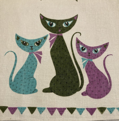 Vintage Tea Towel MCM Atomic Cats Purple Dark Green & Blue Linen