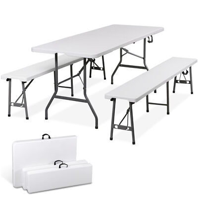 Folding Table Set w/2 Benches 6FT Camping Picnic Table Set Outdoor Indoor White
