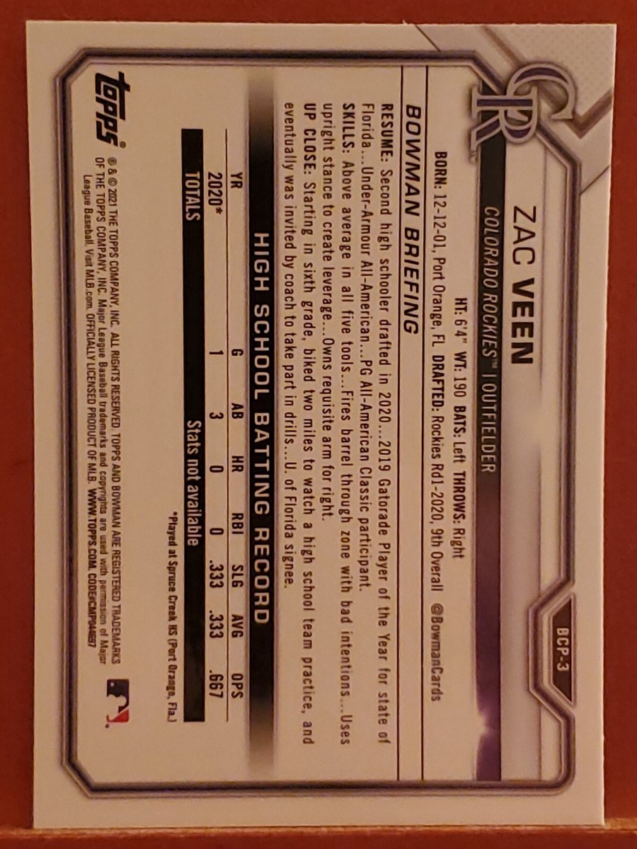 2021 Bowman Chrome Mega Box Prospects Refractors #3 Zac Veen