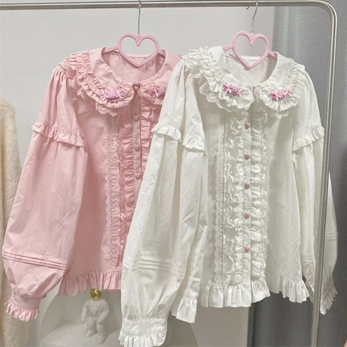 Camicia lunga donna ragazza camicetta top bottone manica lunga lolita dolce festa giapponese - Foto 1 di 11