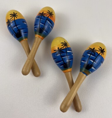 Mini Maracas Palm Trees and Beach Scene 5in 2 Sets Of 2 Each