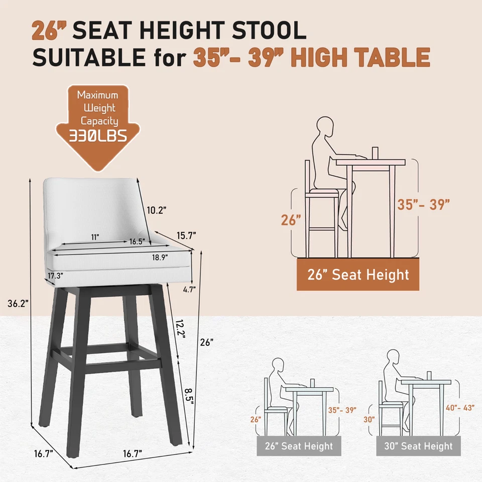 26" Fabric Bar Stools Set of 2/4 Counter Height Bar Stools Swivel Kitchen Chairs - Image 2 of 4