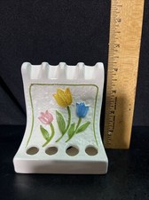 Vintage I W Rice  Co, Inc Ceramic Leaning Toothbrush Holder Tulip Floral White