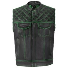 Men's Black Leather Diamond Motorcycle Vest with Concealed Green Waistcoat