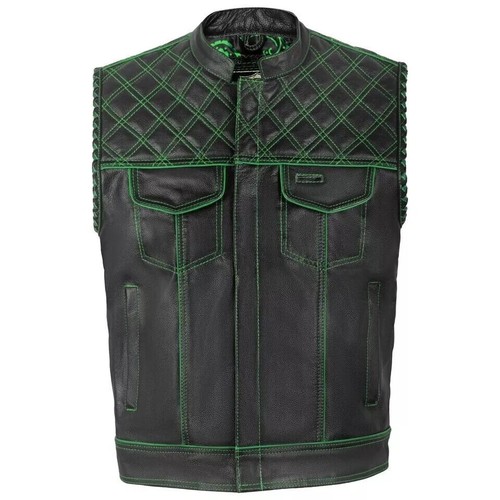 Chaleco de moto de cuero negro diamante para hombre con chaleco verde oculto - Imagen 1 de 7