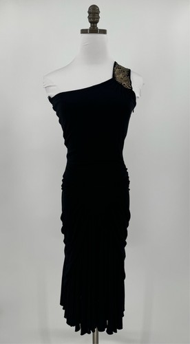 Just Cavalli Womens Black Stretch Single Shoulder Ruffle Ruched Midi Dress Sz 38