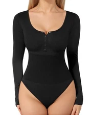 MANGOPOP Ribbed Long Sleeve Bodysuit Thong Seamless Tummy Control Black Size M