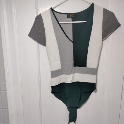 Le Mont St Michel Women's White Gray Green Ribbed One Piece Bodysuit Size M