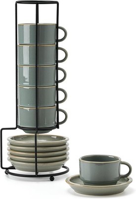 JIEMEI HOME Porcelain Stackable Espresso Cups with Saucers and Metal Stand, 4 Ou