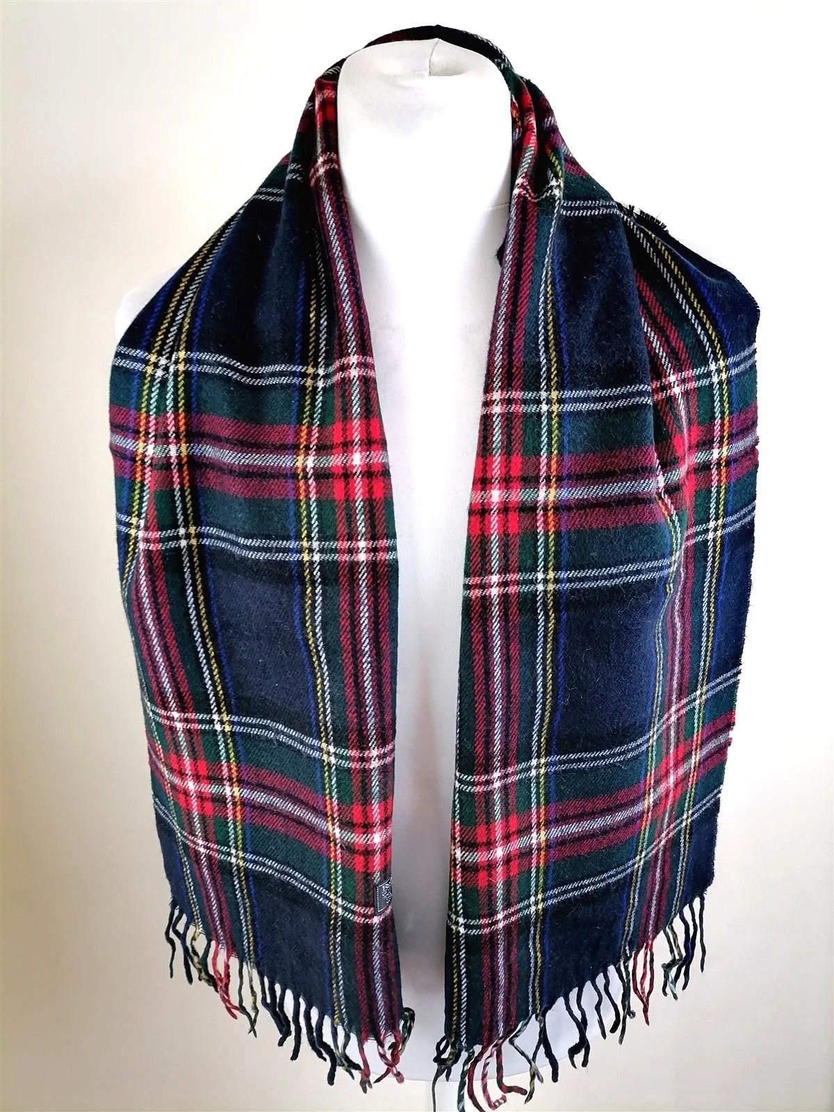 Burberry Navy Red Yellow Green White Check Scarf One Size Lambswool 3-324