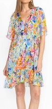 JOHNNY WAS Jade Margaret Sheer Silk Mini Whimsical Colorful Floral Dress Size S