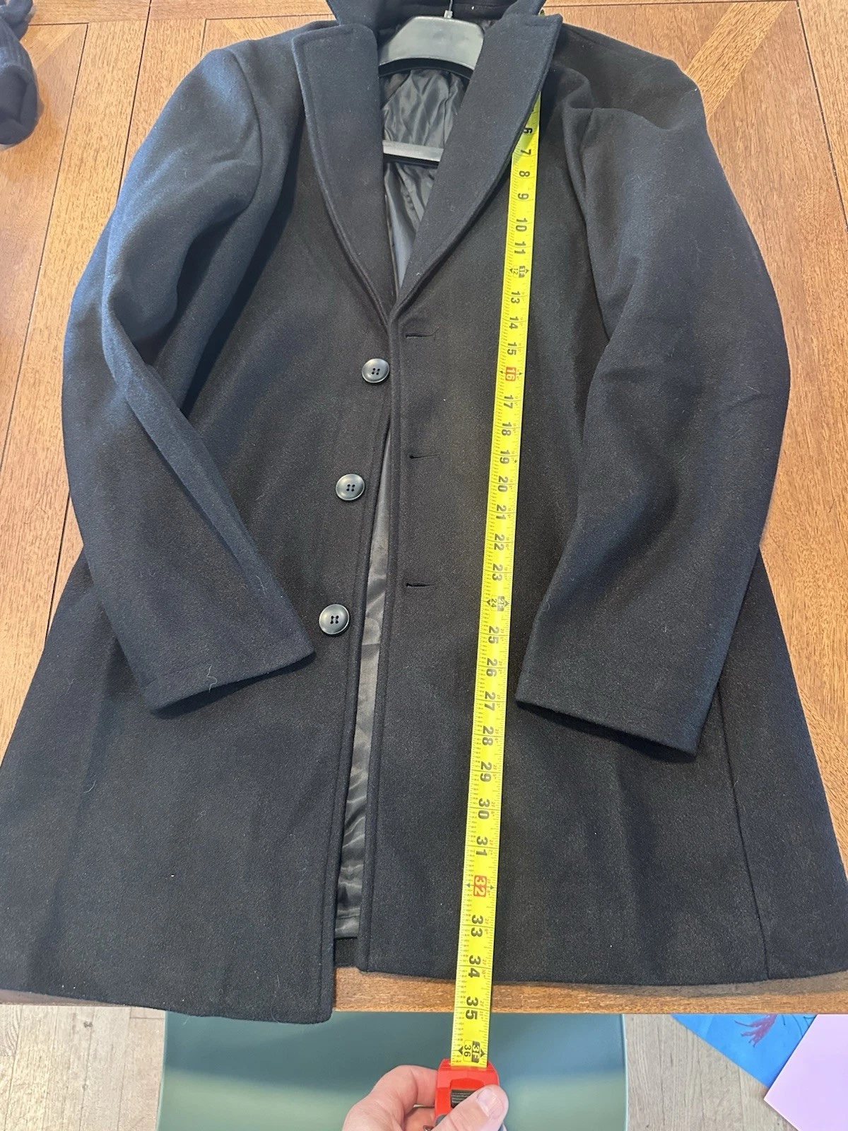 Fashion Men's Black Wool Lined Button-Front Overcoat Size L Notch Collar image 5