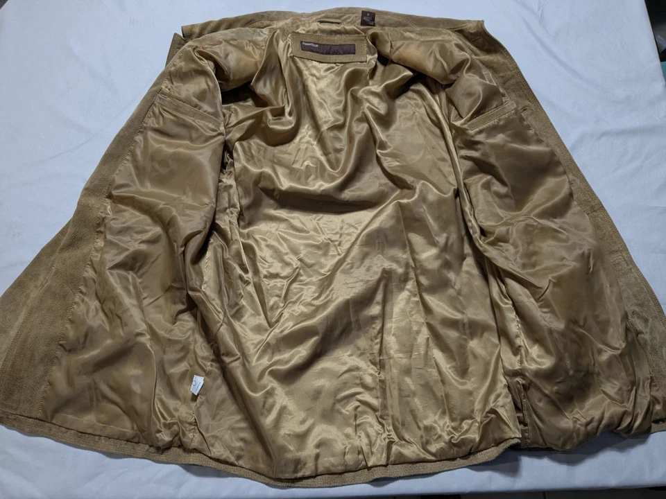 Chaqueta de Cuero de Gamuza Tostada Perry Ellis De Colección - Hombres Cuello Grande Abotonada Foto 3 de 4