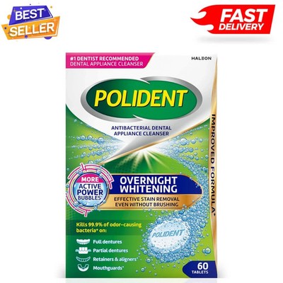 Polident Overnight Whitening Antibacterial Dental Appliance Cleanser Tablets, 60