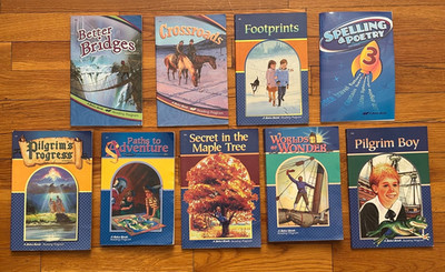 ABEKA 3RD GRADE READERS MIXED EDITIONS LOT OF 8, PLUS 3RD GRADE SPELLING BOOK