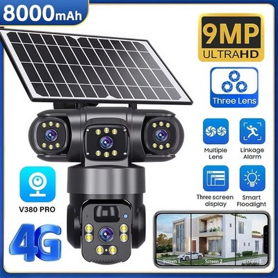 9 MP 4G SIM Solar Überwachungskamera IP Außen 4 Objektive PTZ CCTV Bewegungserkennung