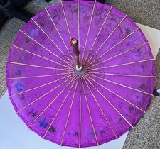 Vtg Purple Hand Painted Japanese Chinese Bamboo Umbrella Parasol Polyester