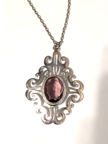 Vintage Sarah Coventry Necklace Large Pendant Purple Glass Silver-tone blu3-37 - Picture 5 of 6