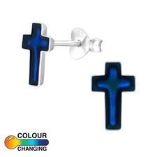 Girls Ladies Sterling Silver Cross Mood Earrings Changing Colour Stud Pair BOXED