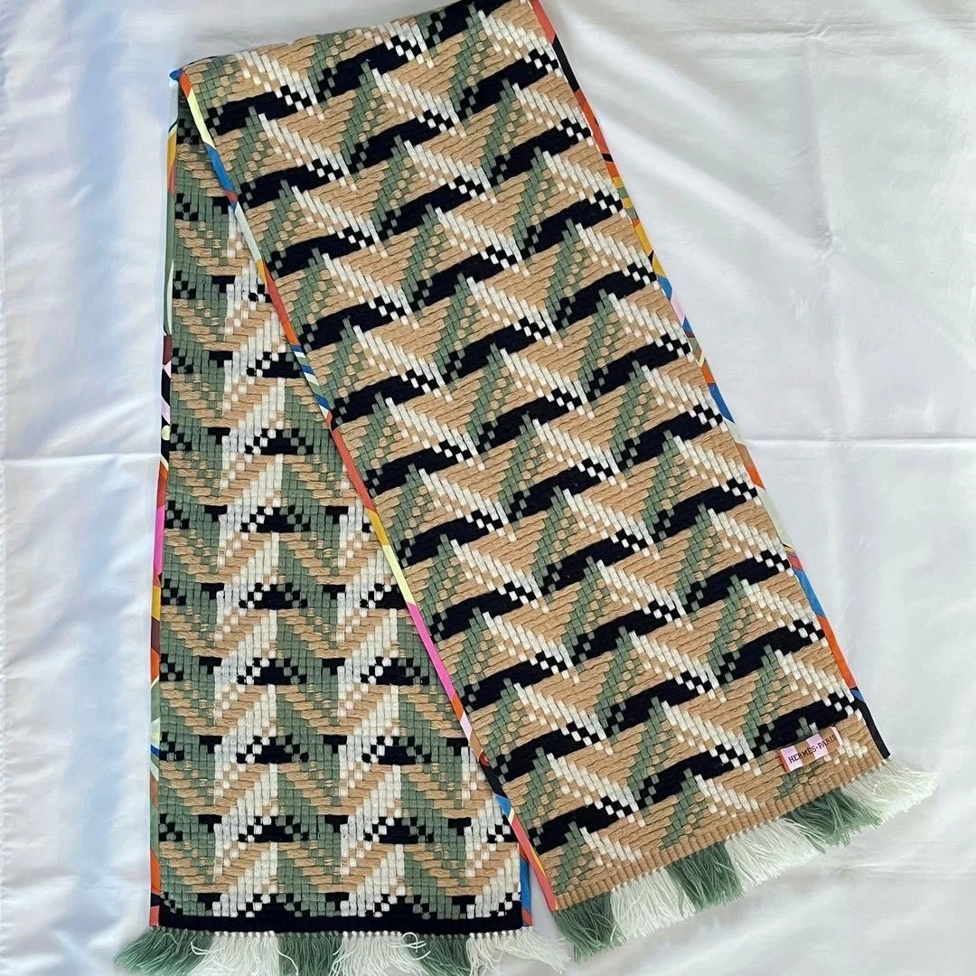 HERMES Chevron Zoom Cashmere Scarf Muffler Green Camel 65.7in from