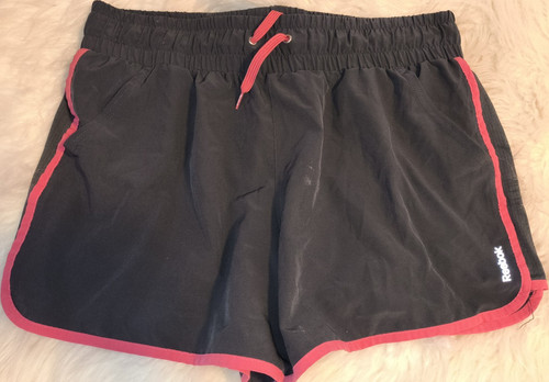 Reebok Women's Black Pink Athletic Shorts Polyester Stretch Pockets Drawstring