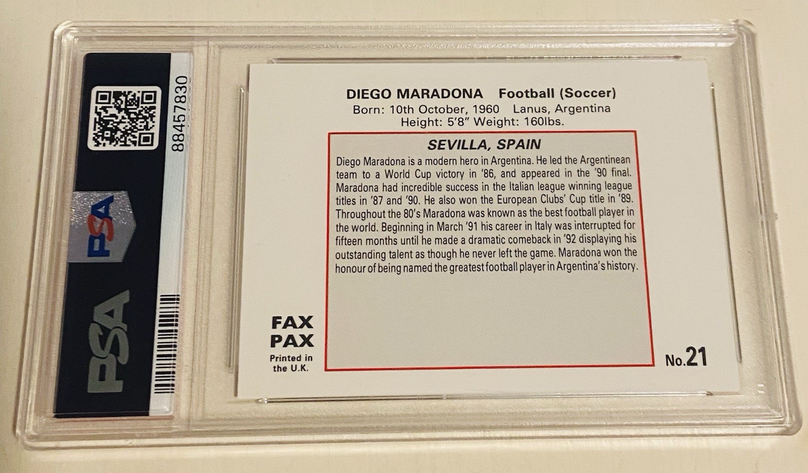 Diego Maradona 1993 Fax Pax World of Sport #21, PSA 10, Argentina ⚽️🔥 🇦🇷 view 4