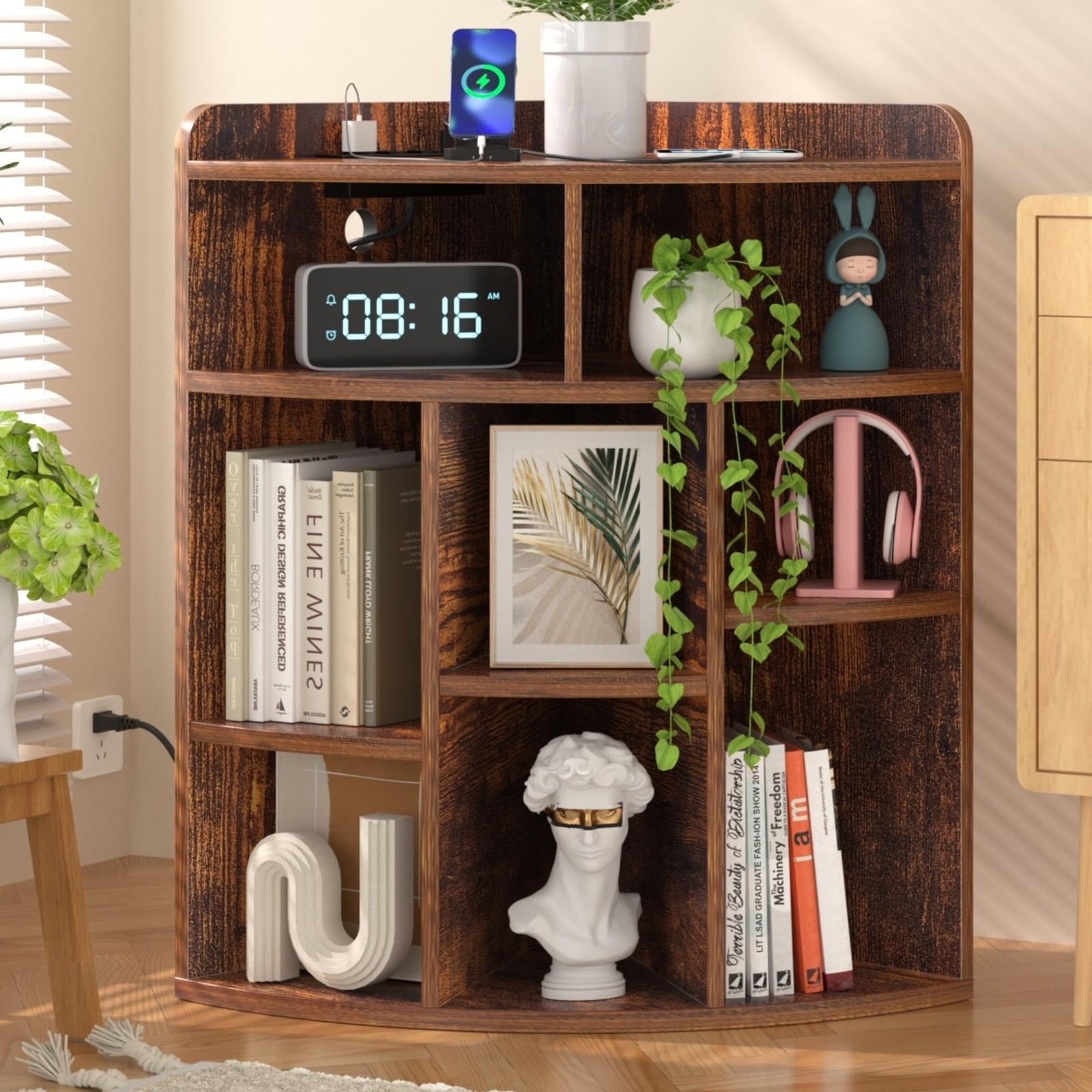 VECELO Corner Cube Shelf with USB Ports & Outlets for Modern Toy Storage