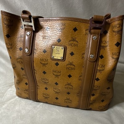 MCM Visetos Monogram Tote Shoulder Bag Brown Medium Inner Pockets Auth Cert