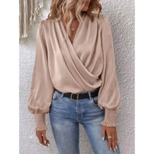 Surplice Smocked Lantern Sleeve Blouse