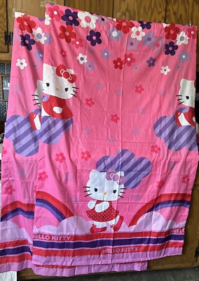 2 Hello Kitty Cute Kawaii Pink Flower Purple Curtain Panel Drape 2 Tie Backs NEW