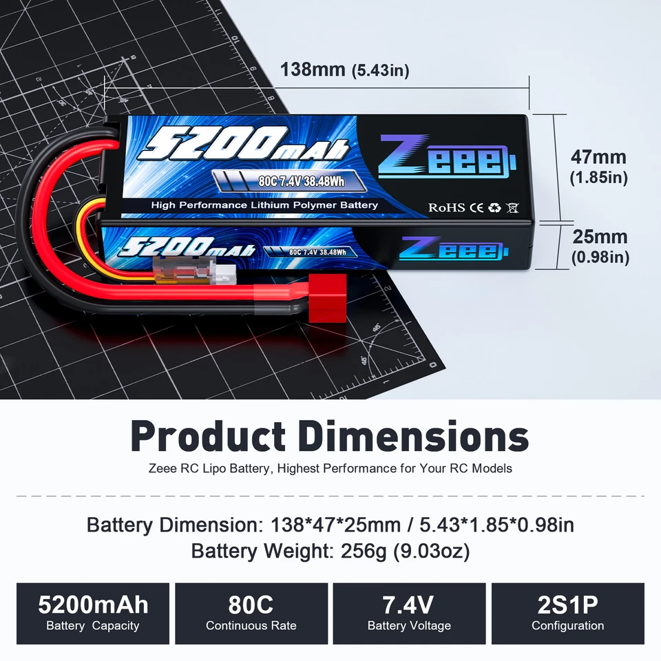 2X Zeee 2S LiPo Akku T Stecker 7.4V 5200mAh 80C Hardcase für RC Monster Truck - Bild 2 von 4