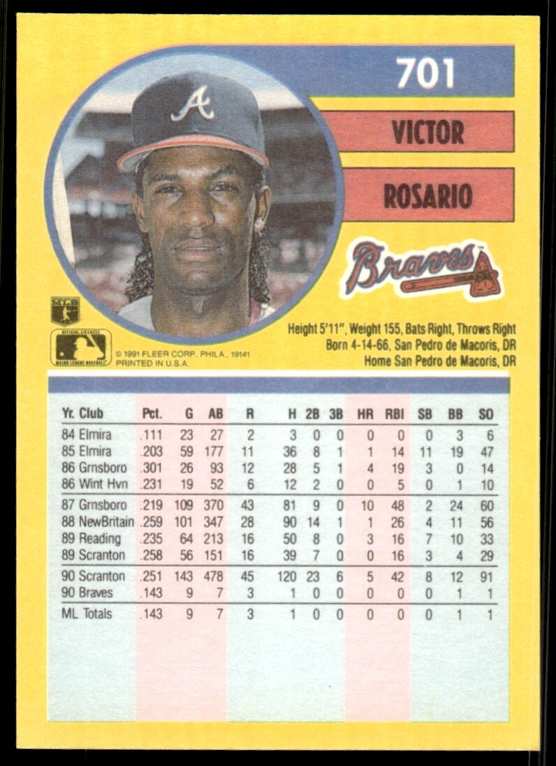 その他 baseball card 1991 Fleer Baseball Card Victor Rosario Rookie Atlanta Braves #701