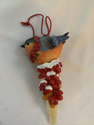 Bluebird Ornament Sitting On Icicle With Berry Branch And Berry Wreath ￼On Neck